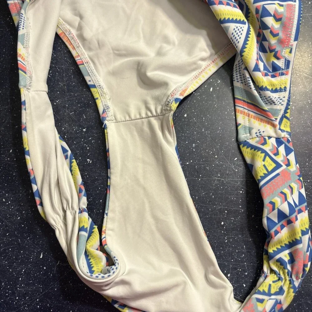 L*Space Bikini Top+Bottom Aztec Print Removable Padding Yellow Blue Lace Up Sz L